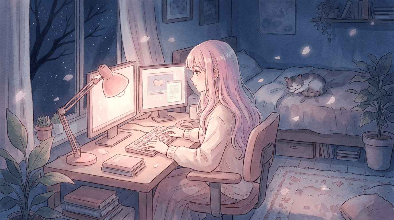 kawaii illustration of angel at her desk while the room sleeps